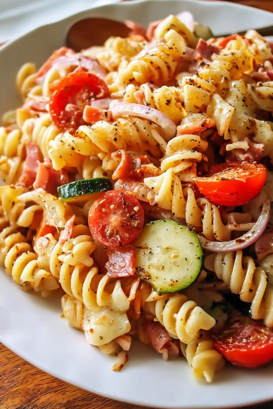 Bowl of colorful easy pasta salad with vegetables and dressing