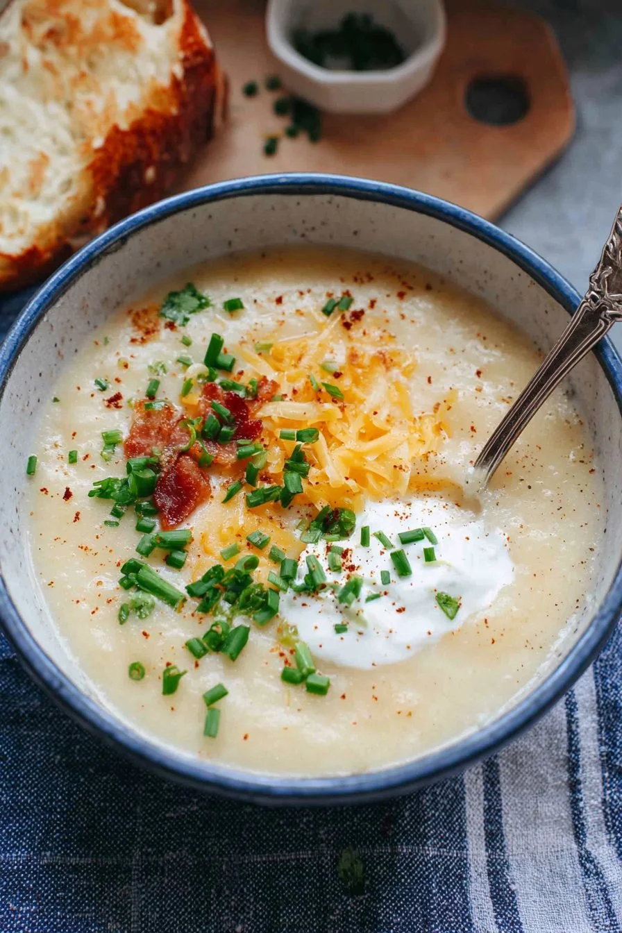 Bowl of easy homemade potato soup garnished with herbs