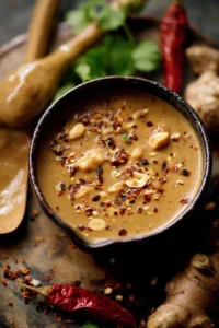 Bowl of homemade easy satay sauce ready for dipping or marinating.