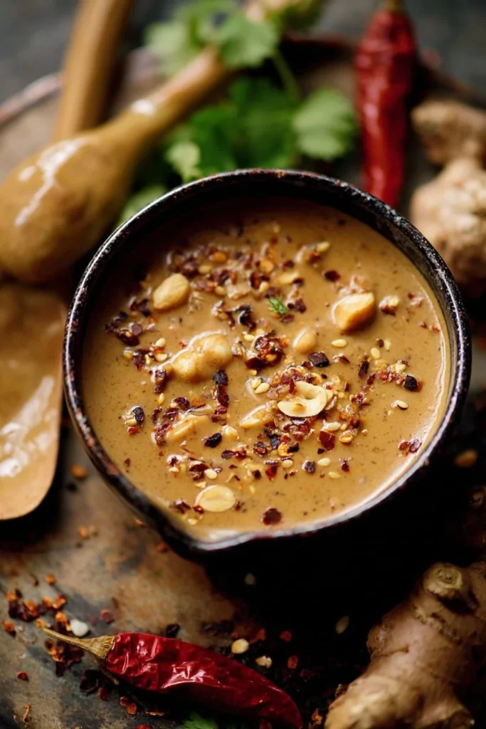 Bowl of homemade easy satay sauce ready for dipping or marinating.