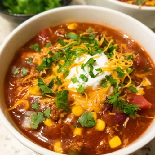 Bowl of easy slow cooker taco soup with toppings like cheese and avocado.