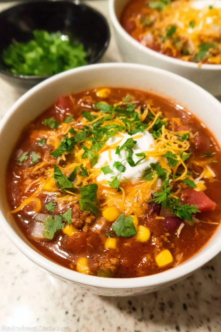 Bowl of easy slow cooker taco soup with toppings like cheese and avocado.