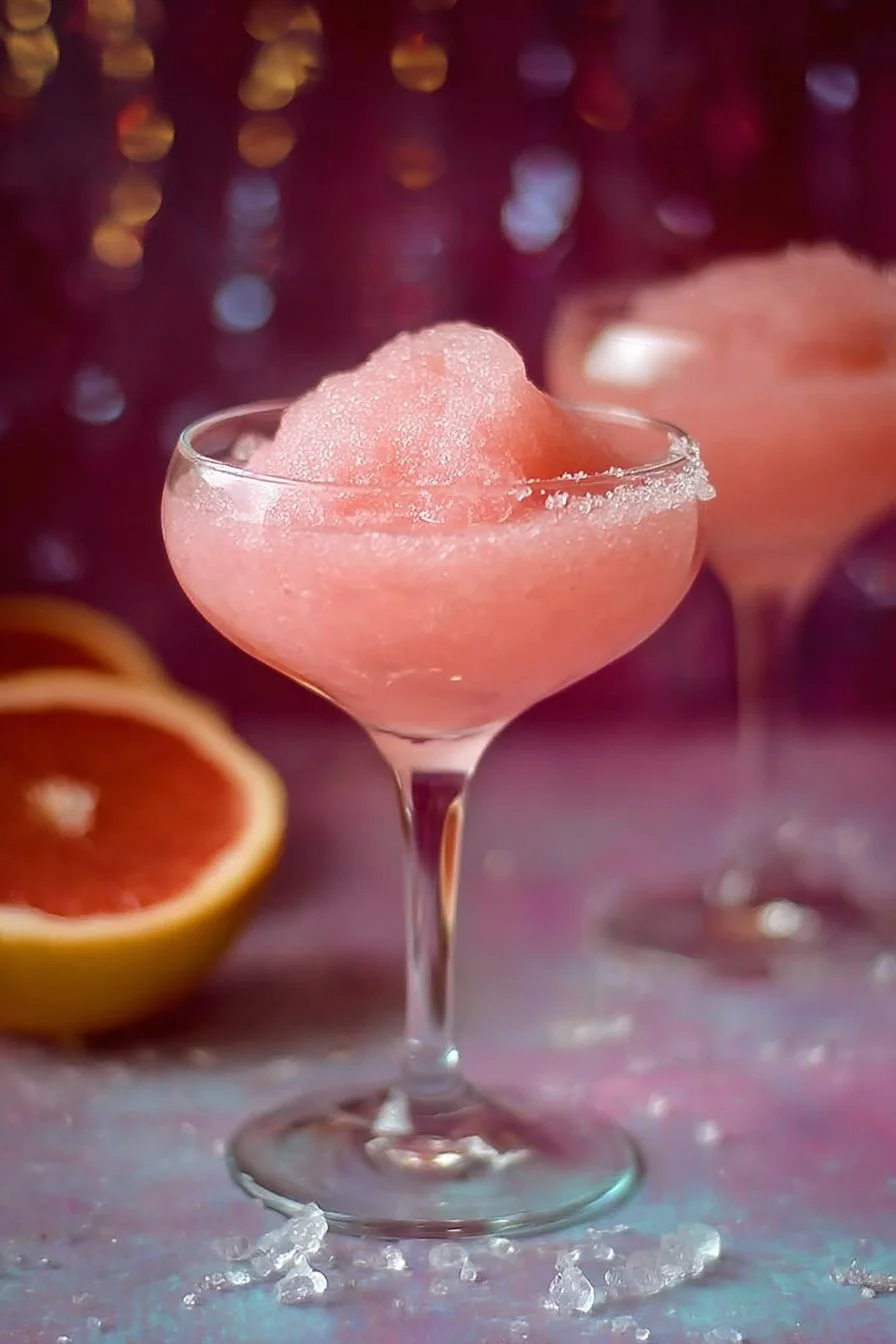 Frozen Pink Grapefruit Prosecco Cocktail in a glass with a grapefruit slice garnish