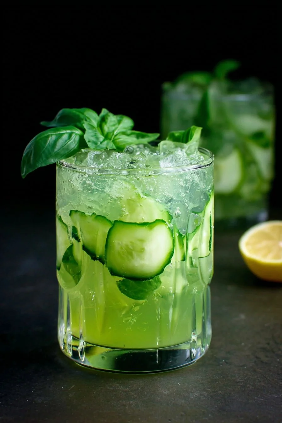 Cucumber Basil Smash cocktail garnished with fresh basil leaves and cucumber slices.