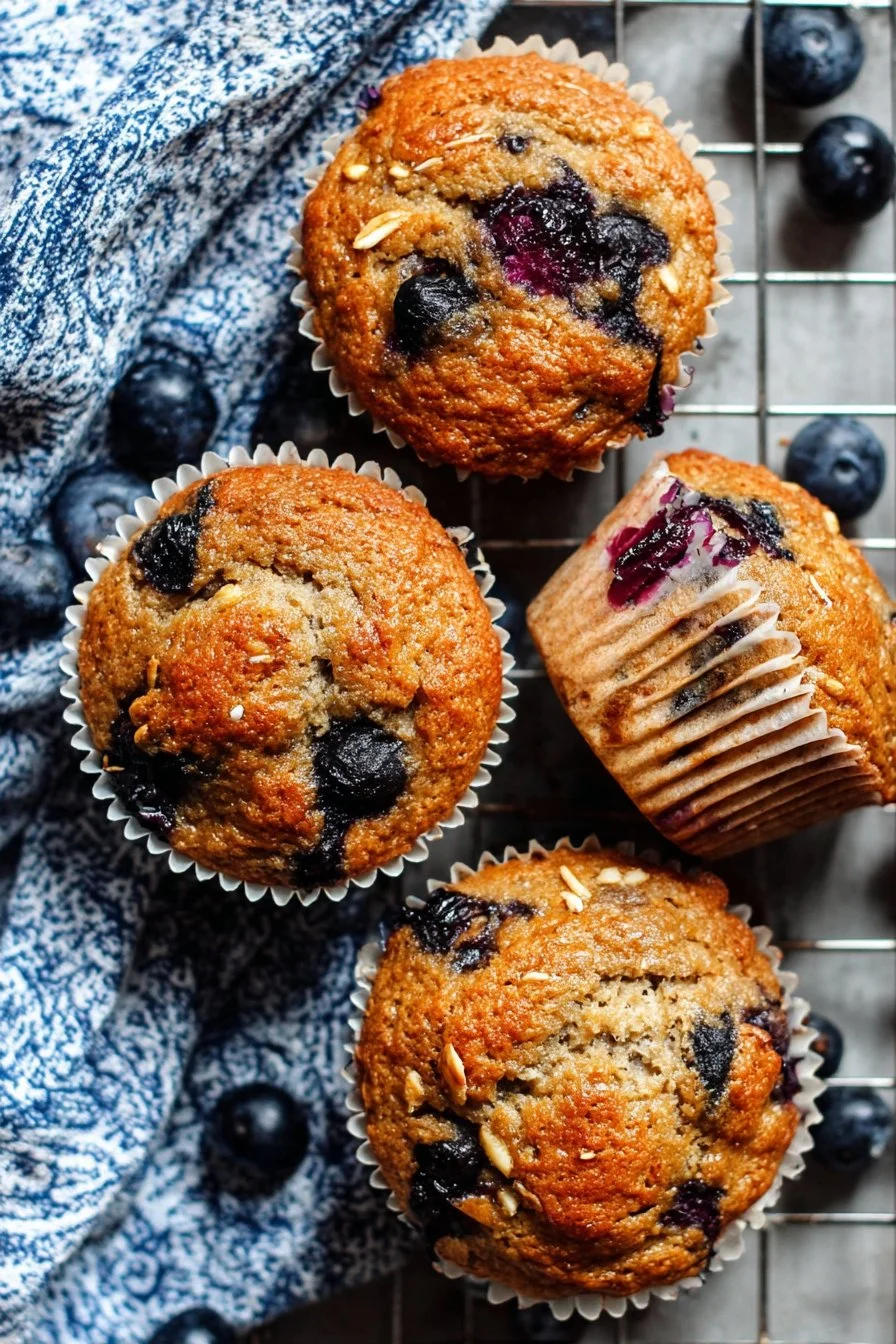 Freshly baked healthy blueberry banana muffins on a wooden table