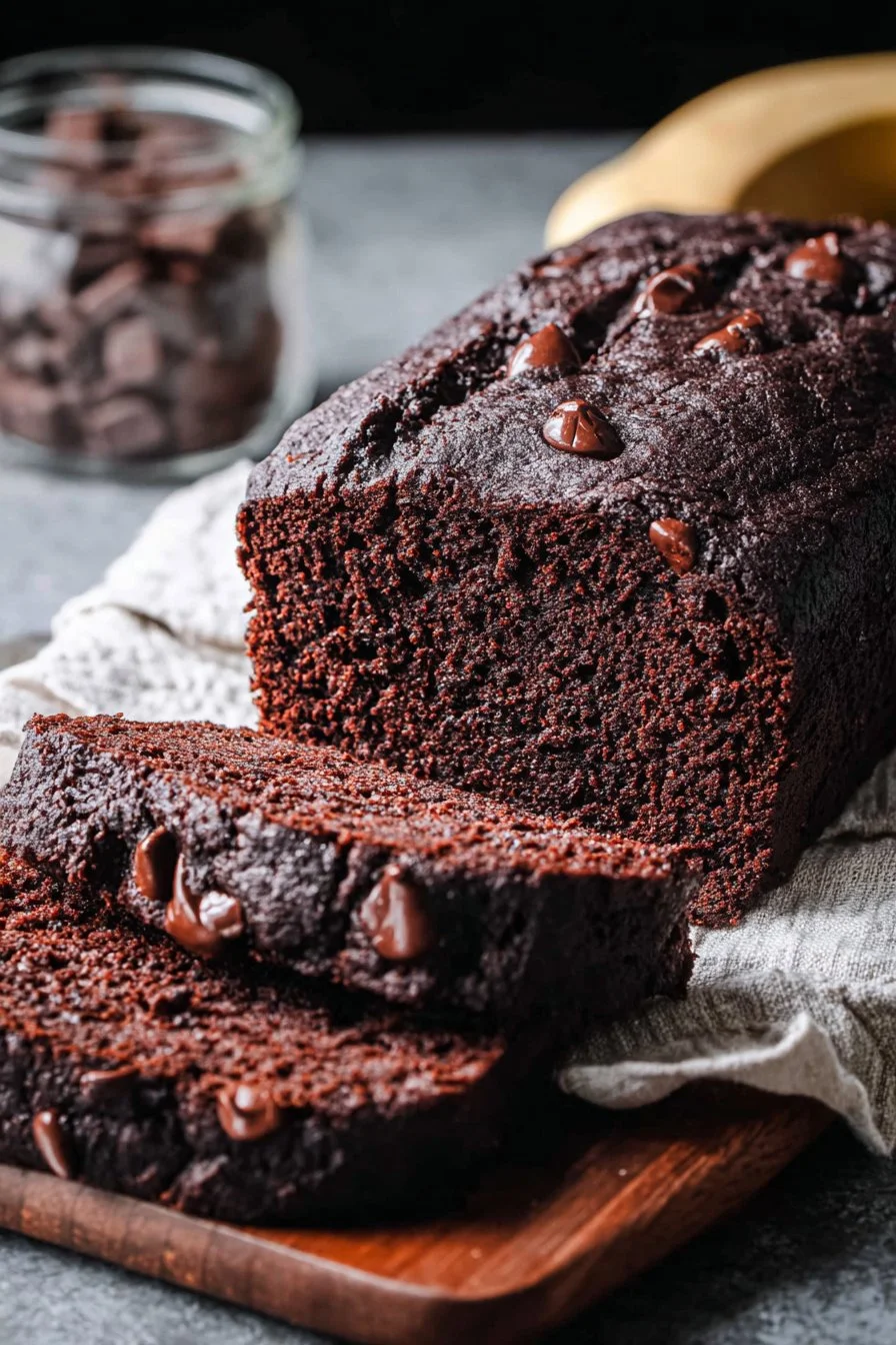 Slice of healthy chocolate banana bread on a wooden table