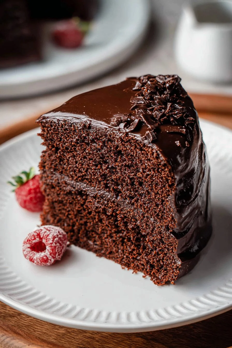 Healthy chocolate cake topped with fresh berries and drizzled with chocolate sauce