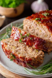 Healthy turkey meatloaf served with vegetables on a white plate