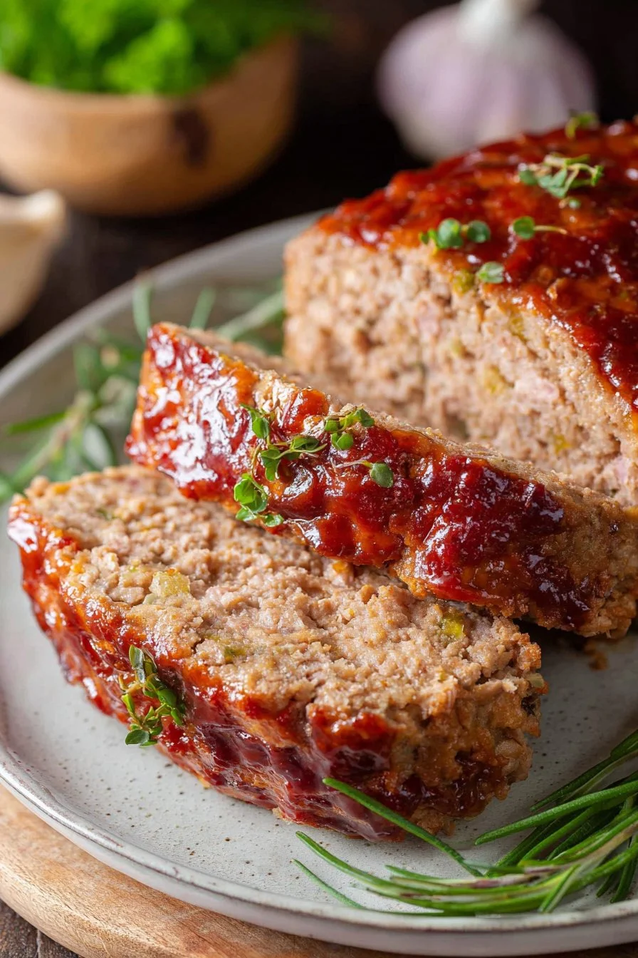 Healthy turkey meatloaf served with vegetables on a white plate