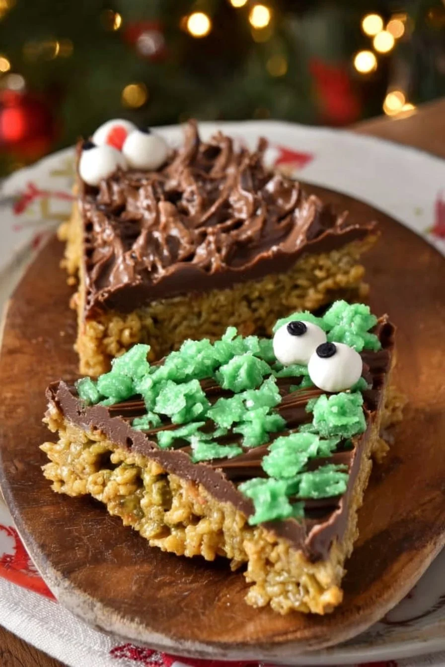 Delicious holiday Scotcheroos topped with chocolate and peanut butter.