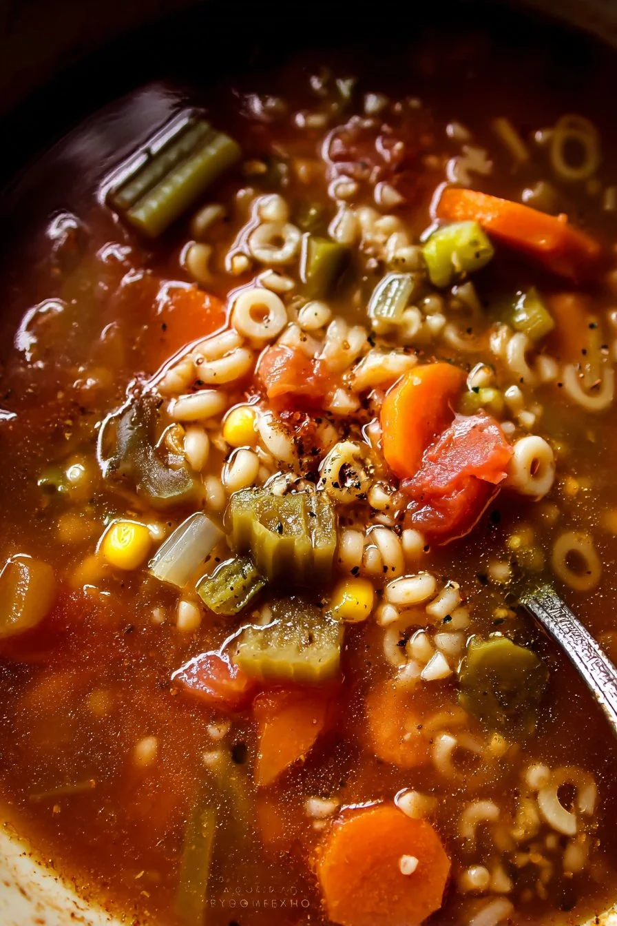A bowl of homemade alphabet vegetable soup with colorful vegetables and pasta letters.