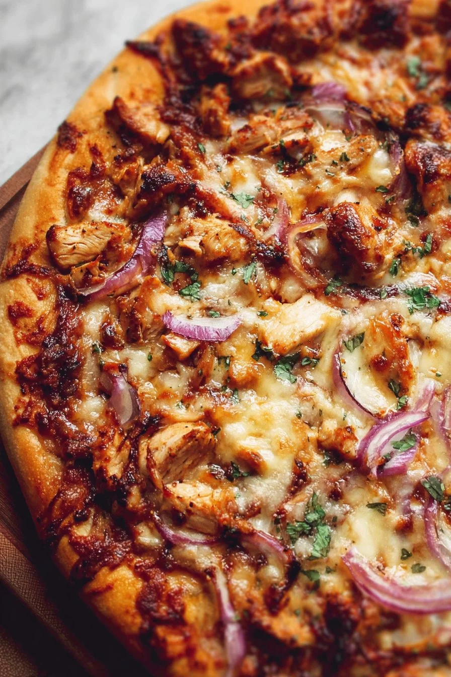 Homemade BBQ chicken pizza topped with grilled chicken and barbecue sauce