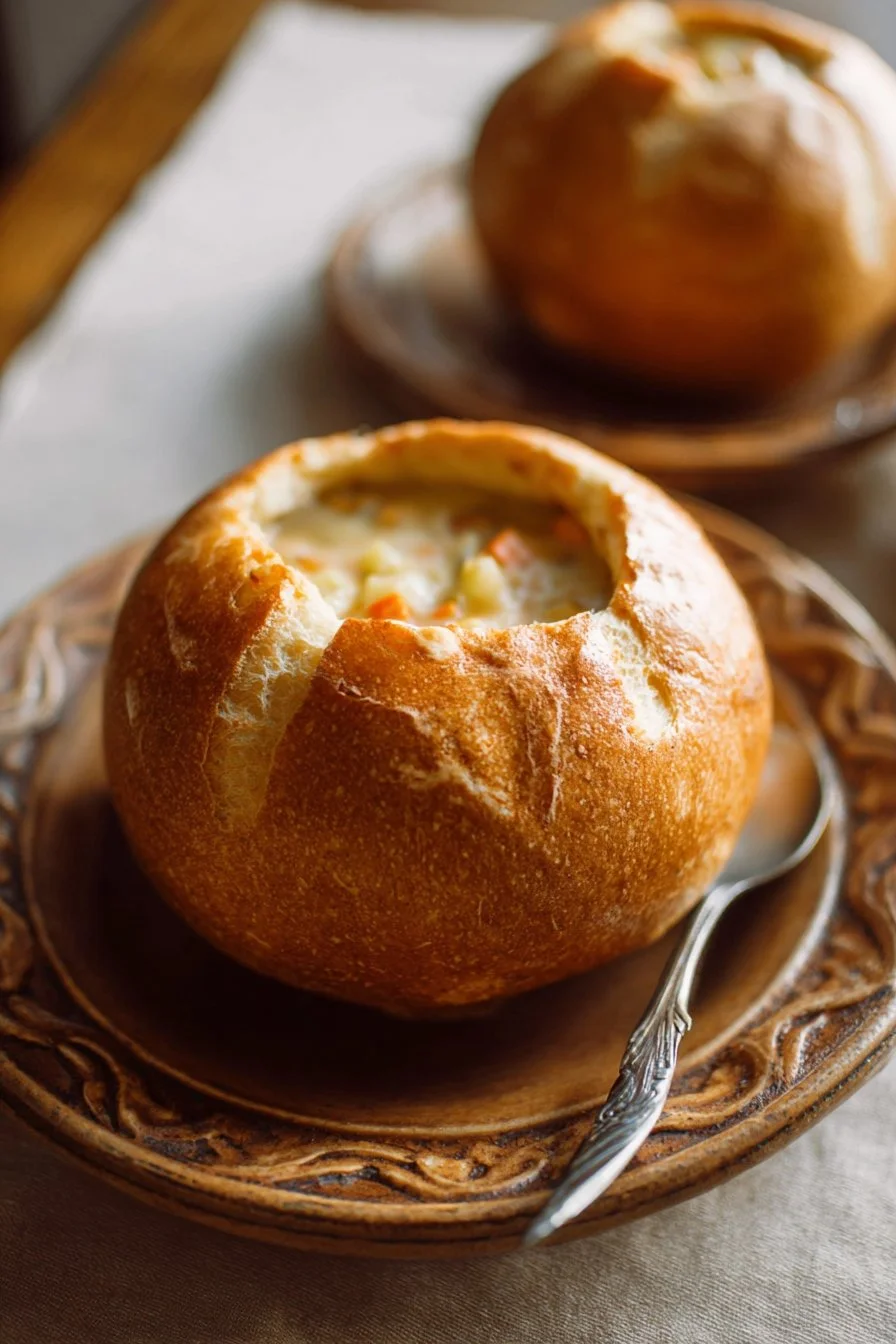 Homemade bread bowls fresh out of the oven, perfect for soups.
