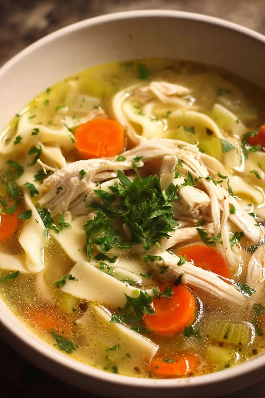 Bowl of homemade chicken noodle soup with vegetables and noodles