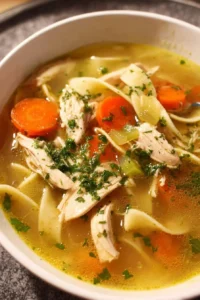 Bowl of homemade chicken noodle soup with fresh ingredients