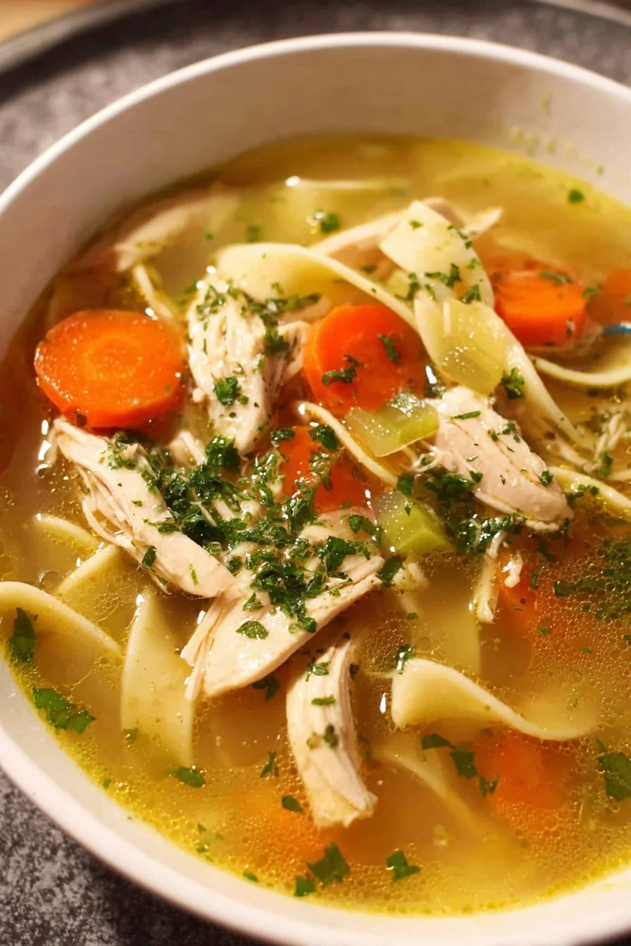 Bowl of homemade chicken noodle soup with fresh ingredients