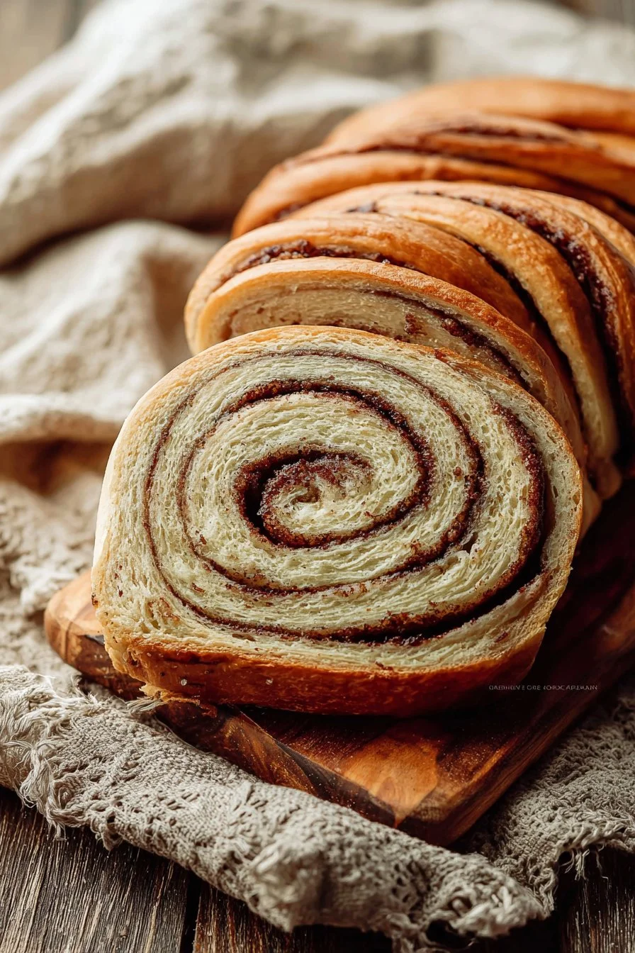 Freshly baked homemade cinnamon swirl bread with a golden crust and swirls of cinnamon