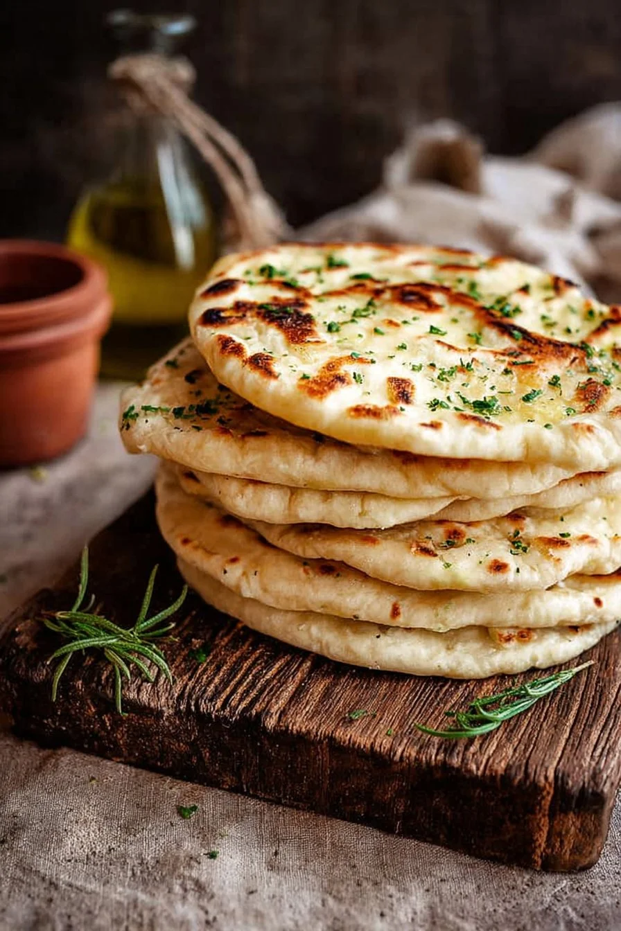 Delicious homemade flatbread on a wooden board with toppings