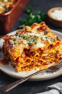 Delicious homemade lasagna with layers of cheese, pasta, and rich meat sauce.