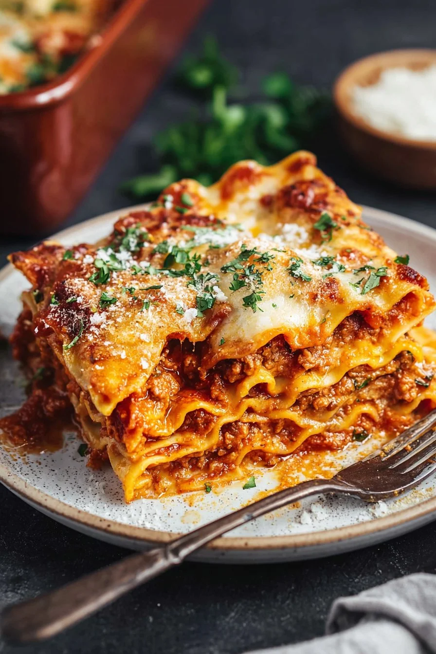 Delicious homemade lasagna with layers of cheese, pasta, and rich meat sauce.
