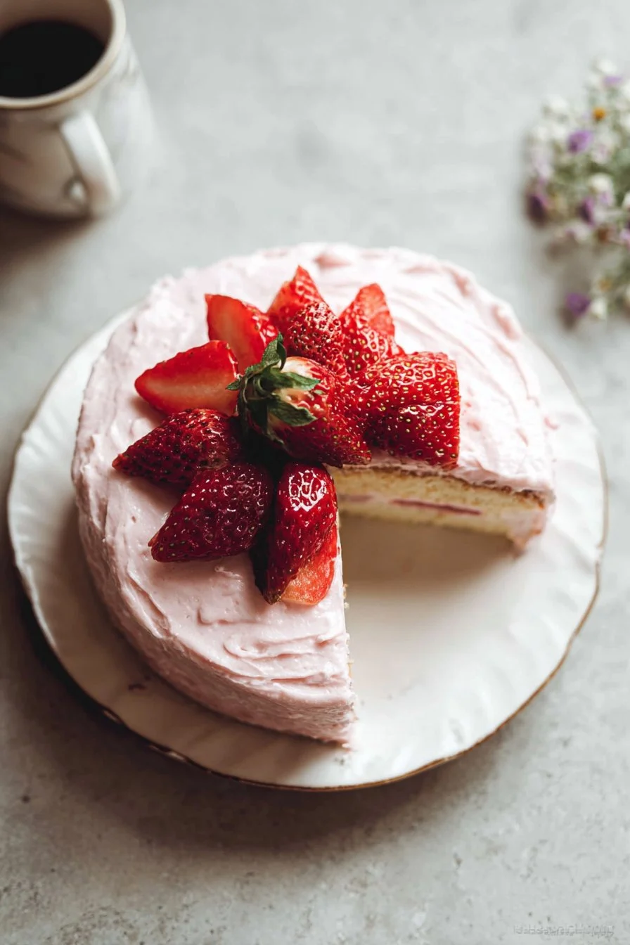Delicious homemade strawberry cake topped with fresh strawberries