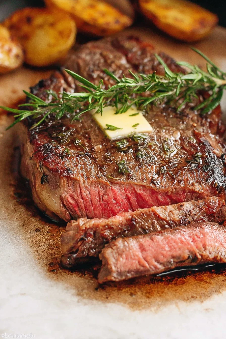 Juicy cooked steak in the oven sliced on a wooden cutting board