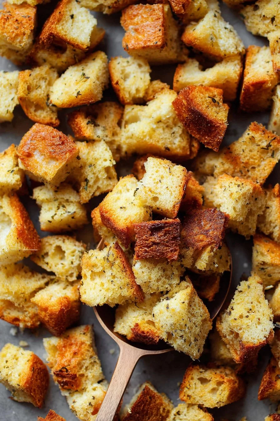 Bowl of freshly made homemade croutons for salads and soups