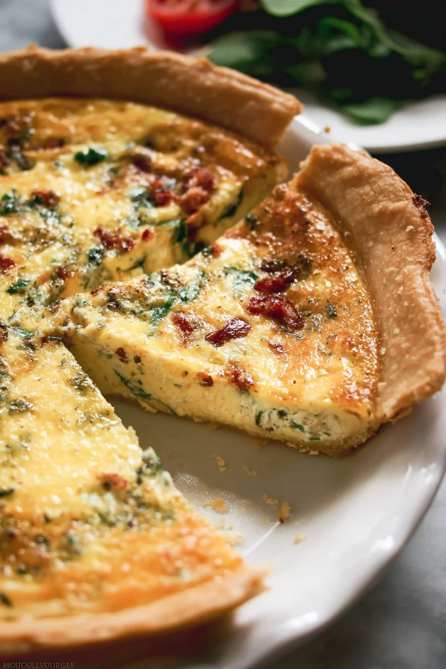 Delicious slice of perfect quiche with a flaky crust and colorful vegetables