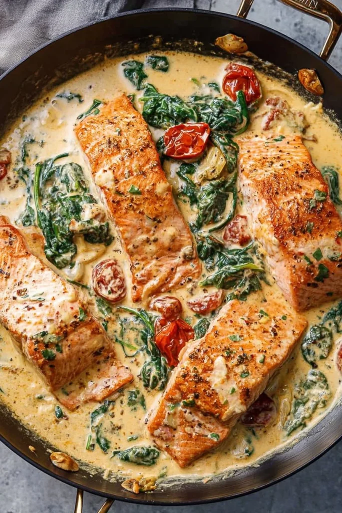 Creamy Tuscan Garlic Salmon served with herbs and spices.