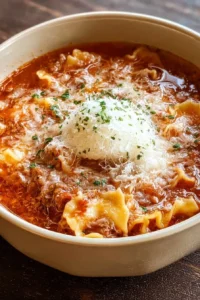 Delicious bowl of Lasagna Soup garnished with fresh basil and cheese.