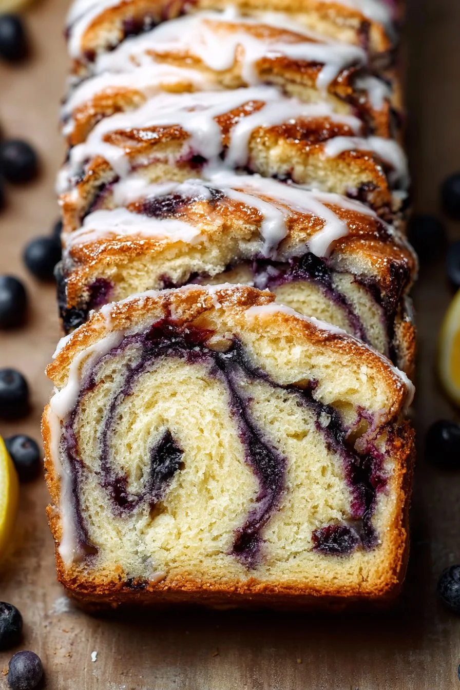 Lemon Blueberry Babka with drizzled icing on a rustic wooden table.