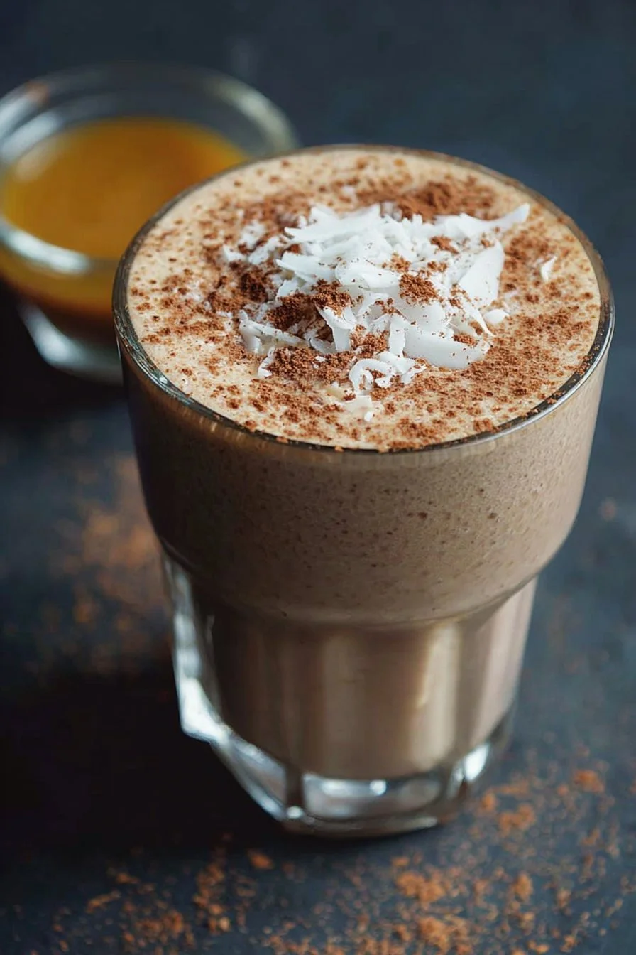 Delicious Malty Coconut Hot Smoothie in a glass with a straw