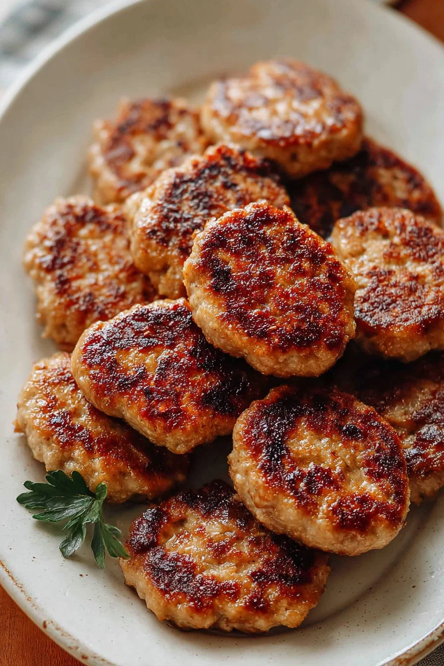 Maple Chicken Breakfast Sausage on a plate with herbs and spices