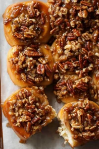 Delicious maple pecan sticky buns fresh out of the oven, topped with caramel glaze.