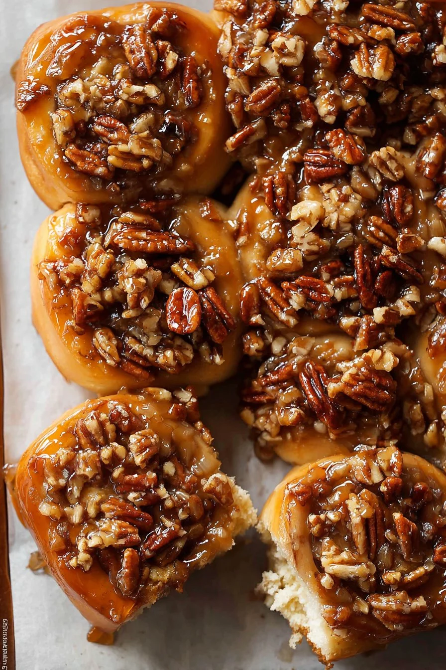 Delicious maple pecan sticky buns fresh out of the oven, topped with caramel glaze.