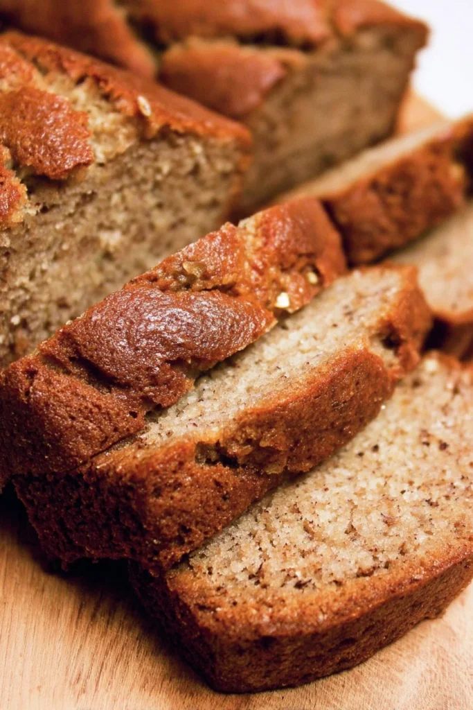My Favorite Banana Bread Recipe 1 Delicious homemade banana bread sliced on a wooden cutting board