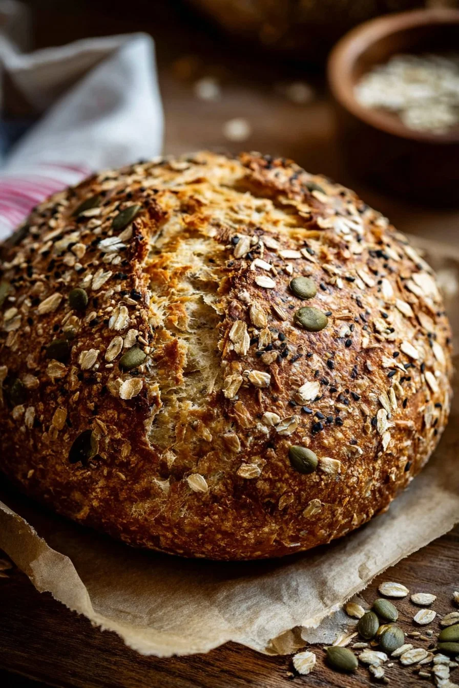 Freshly baked no knead seeded oat bread loaf on a wooden table.