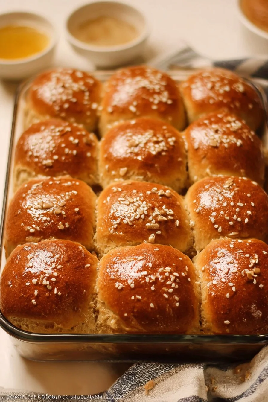 Freshly baked Oatmeal Molasses Dinner Rolls served warm