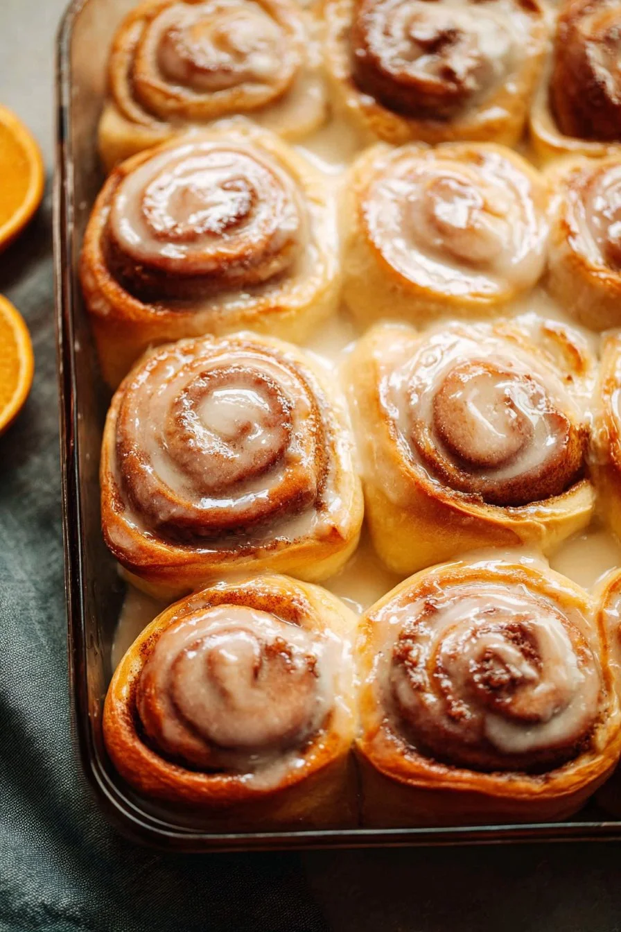 Freshly baked orange sweet rolls topped with icing