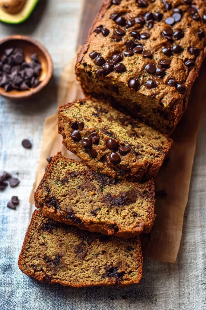 Sliced peanut butter chocolate chip zucchini bread on a wooden cutting board