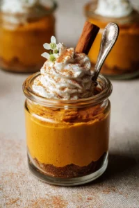 Delicious pumpkin pie in a jar, a perfect autumn dessert.