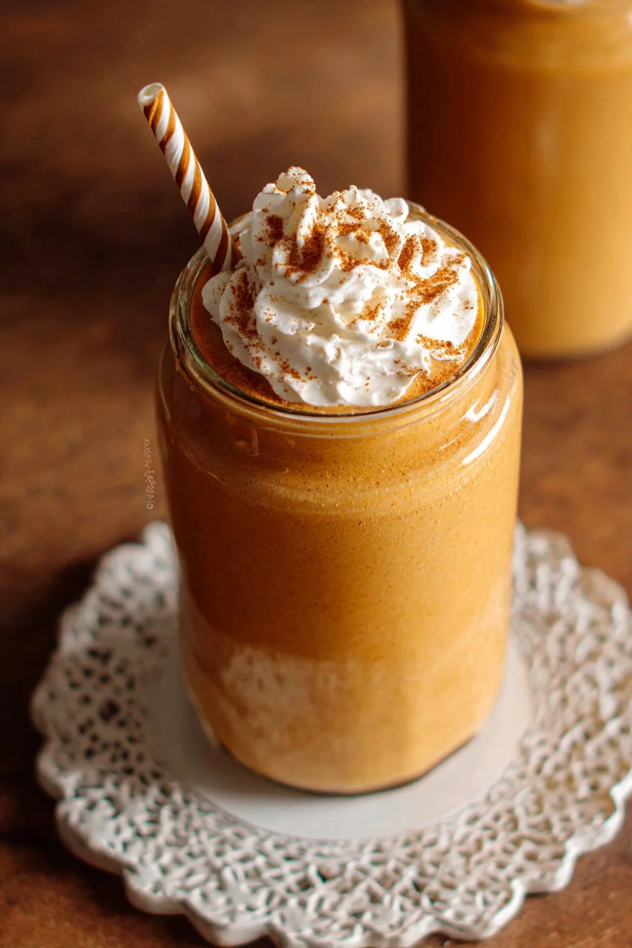 Creamy pumpkin pie smoothie topped with whipped cream and spices in a glass