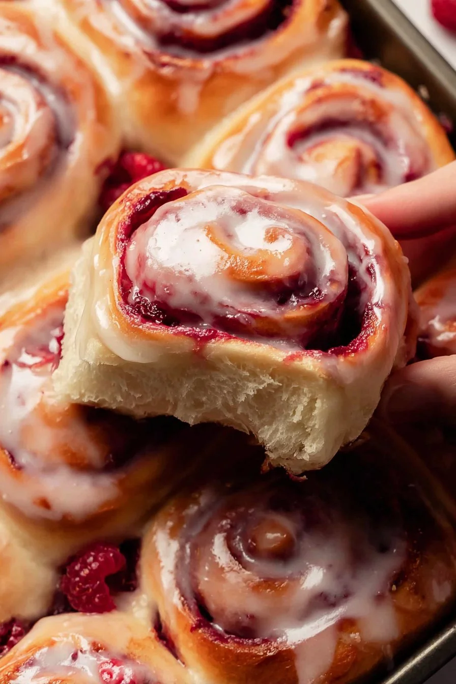 Freshly baked raspberry swirl sweet rolls on a plate with icing