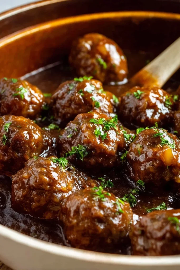 Delicious Salisbury steak meatballs served on a plate with gravy and vegetables.
