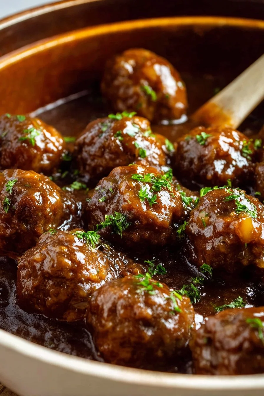 Delicious Salisbury steak meatballs served on a plate with gravy and vegetables.