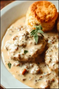 Delicious sausage gravy poured over fresh biscuits on a plate