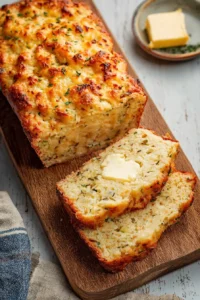 Sliced savory cheese quick bread topped with herbs and cheese