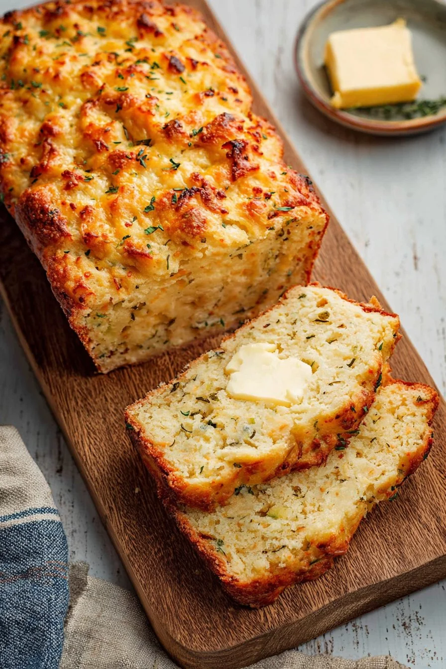 Sliced savory cheese quick bread topped with herbs and cheese
