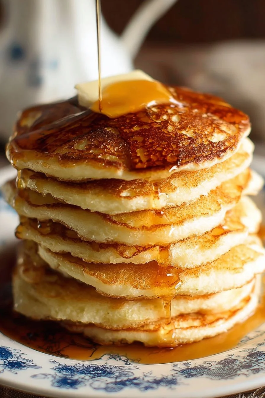 Stack of fluffy pancakes topped with syrup and berries