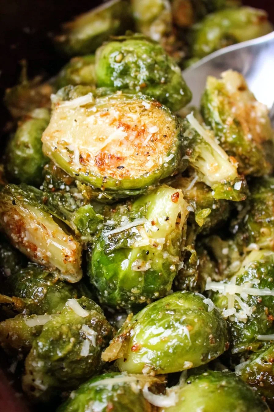 Slow Cooker Parmesan Brussels Sprouts in a dish garnished with herbs